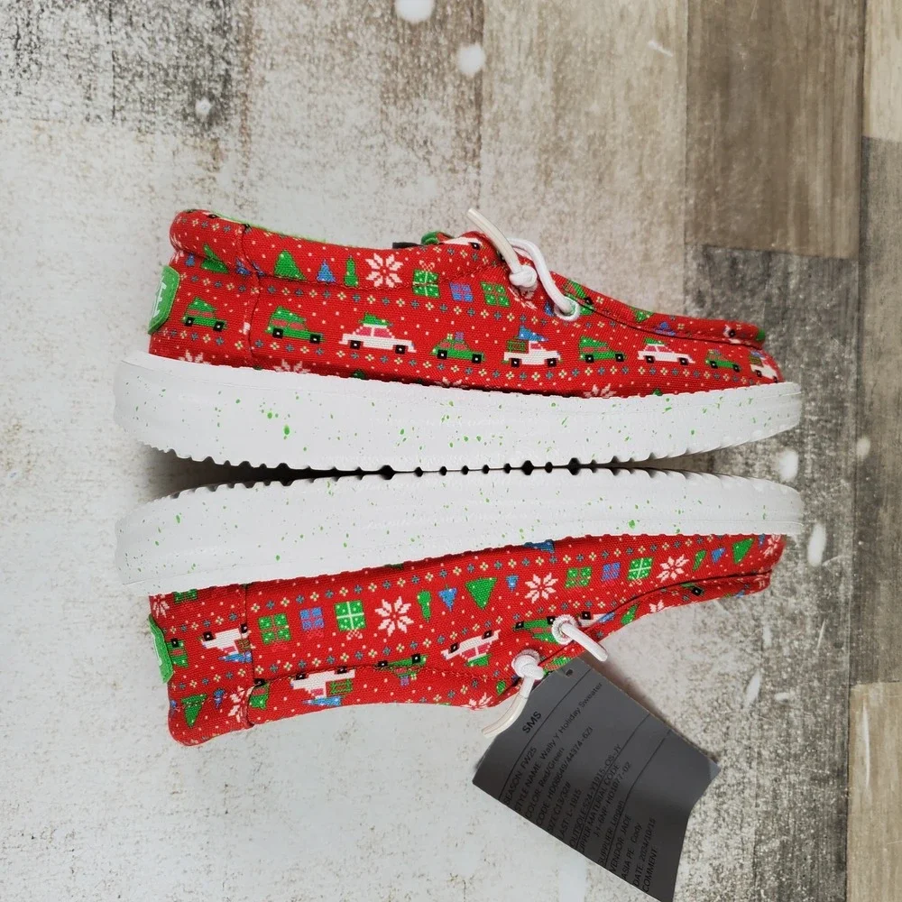 Hey Dude Lildude Holiday Sweater Kids Loafers Shoes C13 Red Green White Slip-On